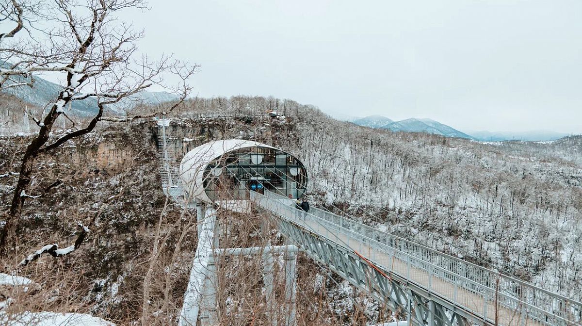 Мост Skybridge со стеклянной капсулой над заснеженным лесом в Скайпарке
