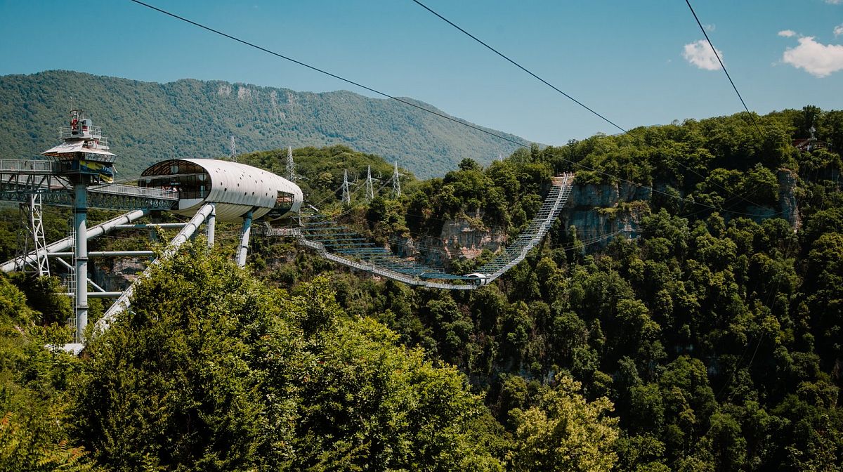 Станция Skypark с обзорной площадкой и подвесной мост Skybridge над лесистым ущельем